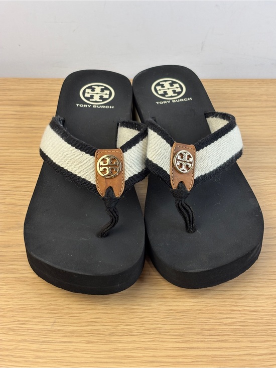 Tory Burch Shoes - Tory Burch Frankie Wedge Flip Flop Black / Cream Sandals Woman’s 7.5